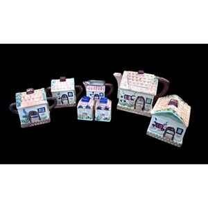 Vtg Cottage Ware 7-Piece Woodland Teapot Salt & Pepper Covered Sugar & Biscuit